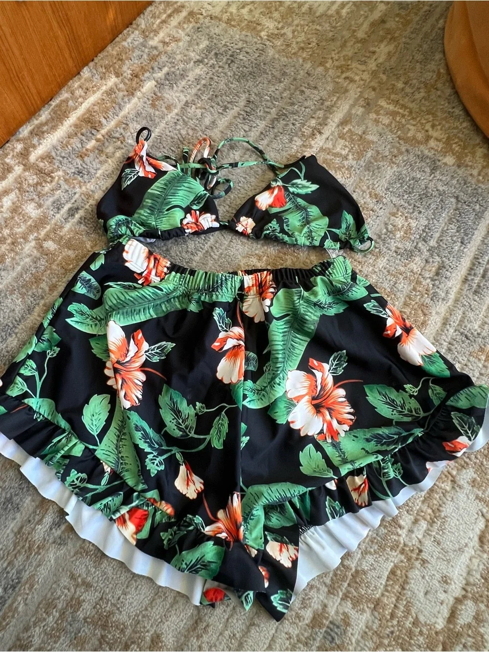 SHEIN Black Floral Bikini Set with Green Leaves and Orange Flowers